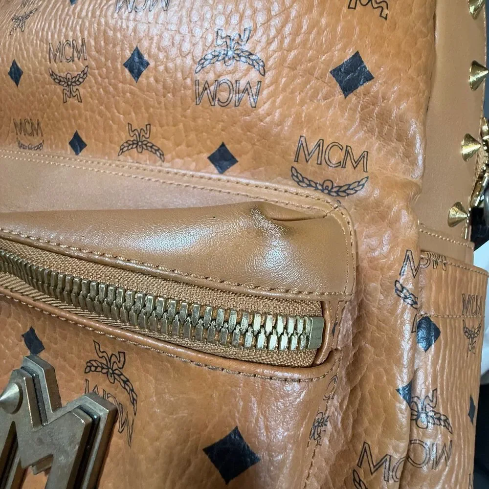 MCM Visetos Studded Medium Stark M Logo Collection Backpack Cognac Monogram